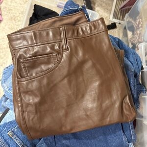 Brown faux leather pants 90s straight